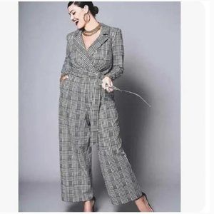 Eloquii Wide Leg Glen Jumsuit 18 Black Plaid Long Sleeve Collar NO BELT Pockets